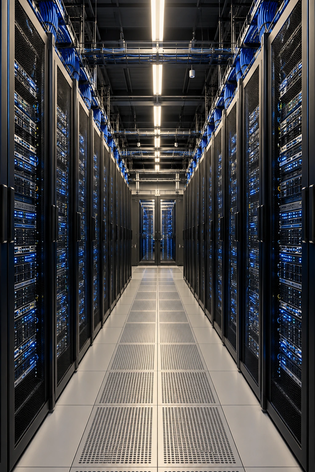 Corredor com servidores e equipamento de rede